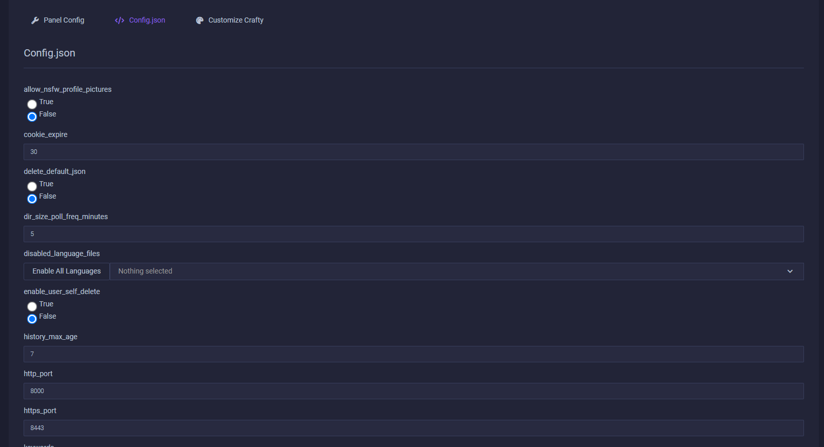 Crafty config file editor